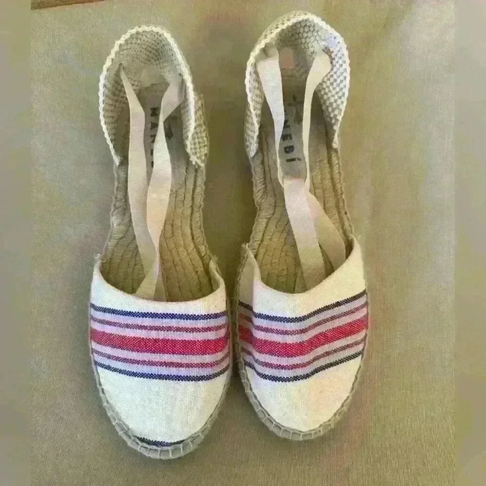 Manebi Hamptons Striped Canvas Espadrilles With Ankle Ties In Tan Size 39/9 NWOT